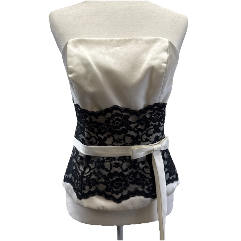 Alfred Angelo‎ Satin Corset Size 12 Black Ivory Lace Bow Feminine Sleeveless Zip